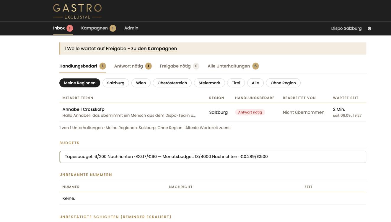 Inbox in der Ansicht Handlungsbedarf mit Regionenfilter und einer wartenden Übergabe