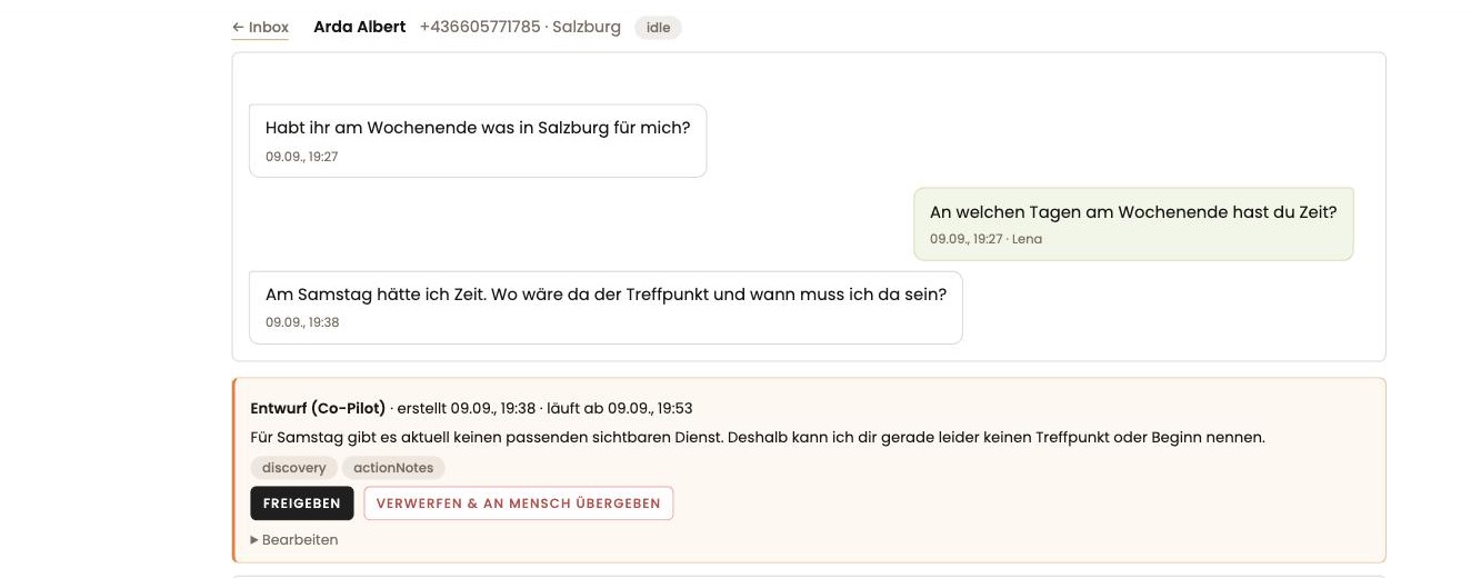 Chat mit Co-Pilot-Entwurf: Text, Grundlage, Buttons Freigeben und Verwerfen