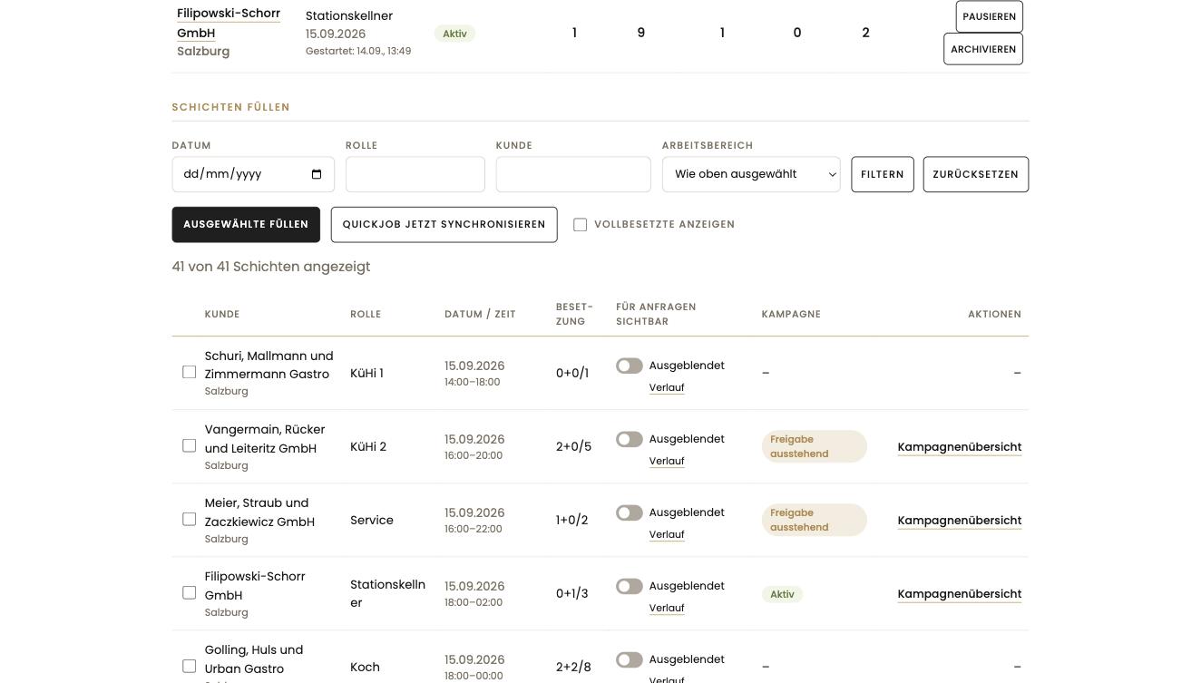 Schichten füllen: Filterzeile, Button Ausgewählte füllen, Liste offener Schichten mit Besetzung